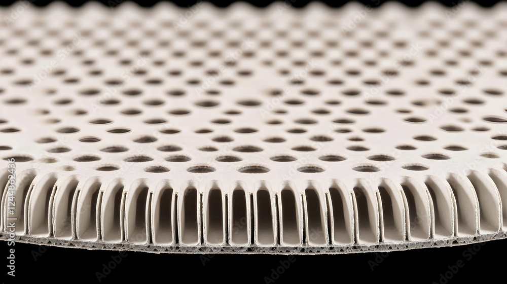 Poster close-up view of perforated material reveals intricate internal structure and design.