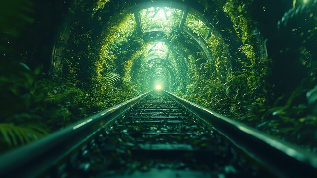 Nostalgic Railway Path, an abandoned train track intertwined with lush greenery, creating an enchanting journey through time, featuring a minimalist backdrop and ample free space.