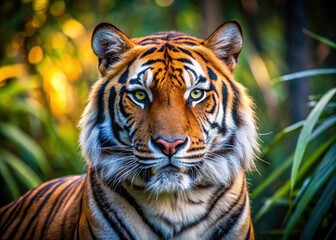 Fototapeta premium A majestic Bengal tiger, captured in stunning close-up, showcasing its power and grace within its Indian jungle habitat.