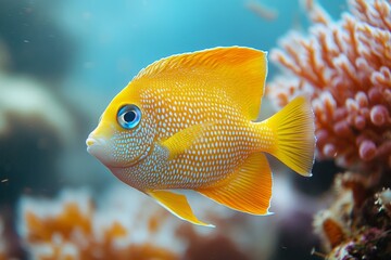 Obraz premium Yellow tropical fish swimming near a coral reef underwater