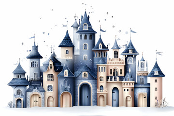 Fototapeta premium Whimsical Blue and Beige Castle Stands Majestically in Snow-Covered Landscape
