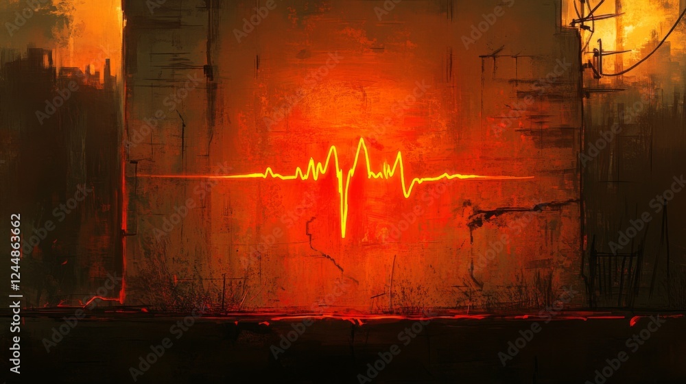Poster an artistic rendering of heart wave patterns emerging from a heartbeat monitor, incorporating elemen