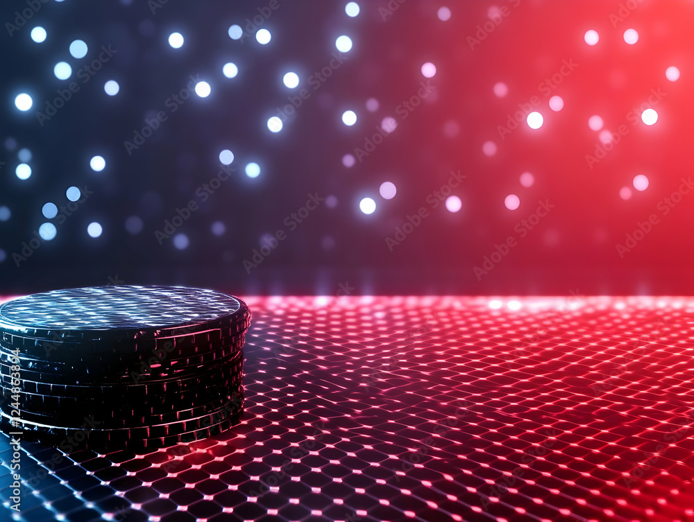 Poster Stack of coins sits on a textured surface with glowing lights and a bokeh effect.