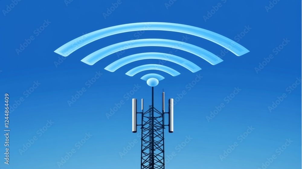 Poster an artistic representation of wireless signals radiating from a cell tower, with a clear blue sky in