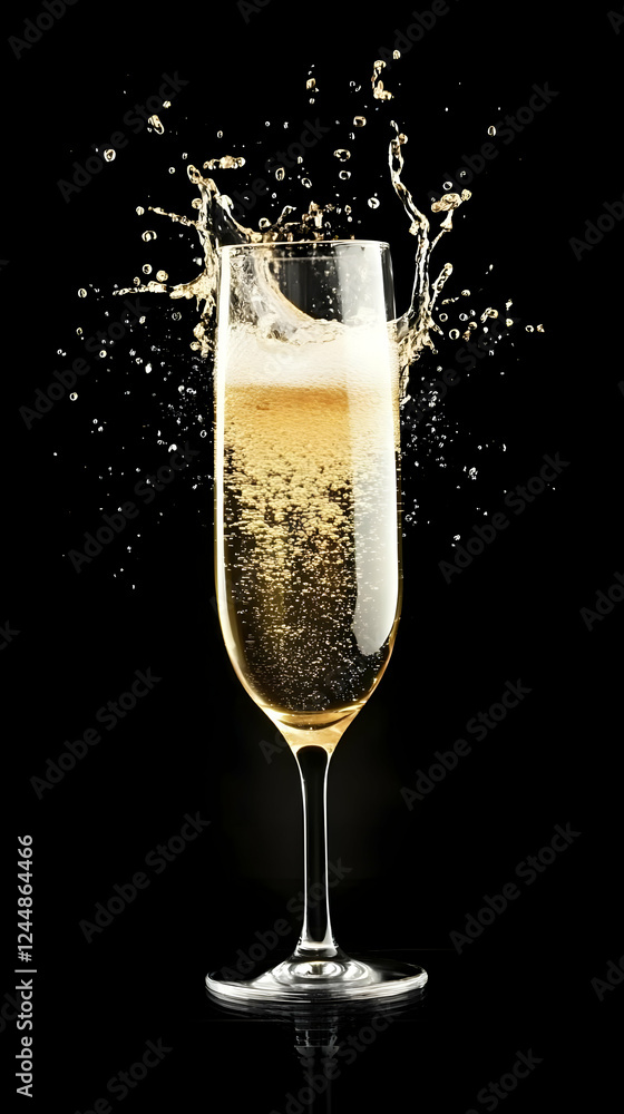 Poster Champagne Flute Overflowing with Bubbly Liquid and Splashing Dynamically Against a Black Background