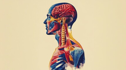 An artistic representation of the human silhouette filled with colorful illustrations of muscles and bones, highlighting the complexity of human anatomy.