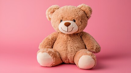 A cute, plush teddy bear sitting against a pink background, ideal for comfort and companionship.