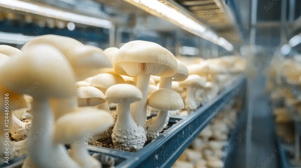 Aufkleber An atmospheric image of a mushroom farm, with rows of white button mushrooms growing in controlled conditions, illustrating the process of mushroom cultivation.