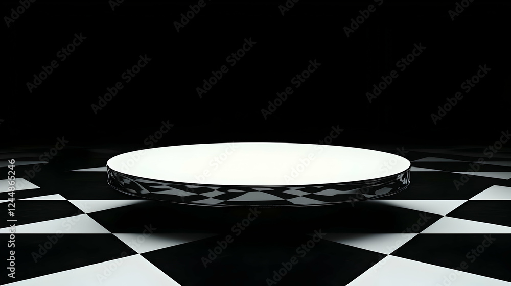 Poster empty round white podium floats above checkered floor in a dark room, creating a dramatic display.