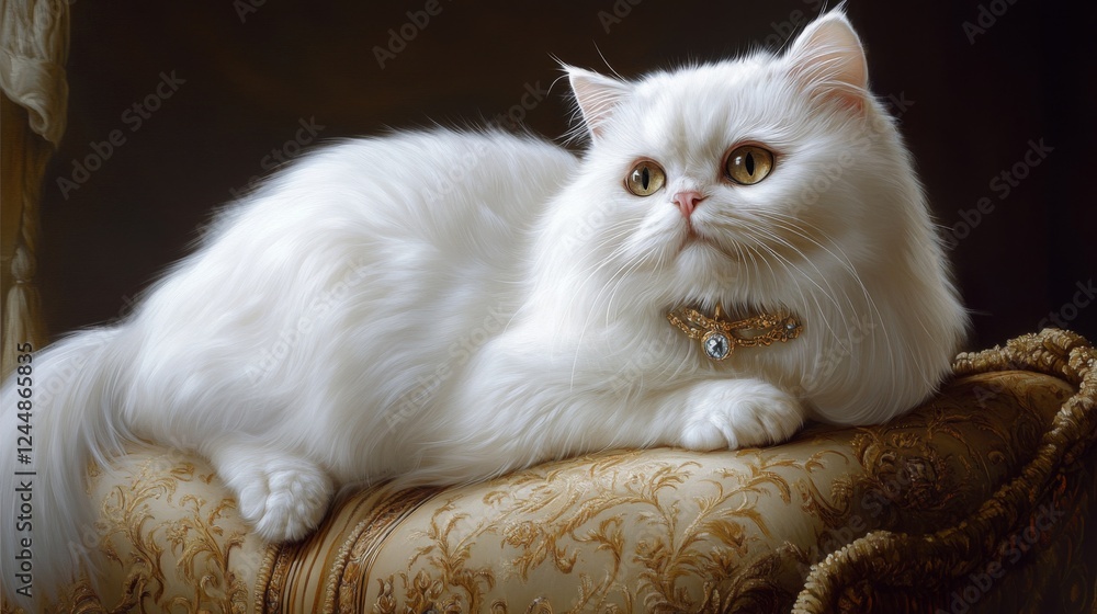 Poster an elegant white persian cat wearing a sparkling collar with a small gem, resting on a luxurious cus