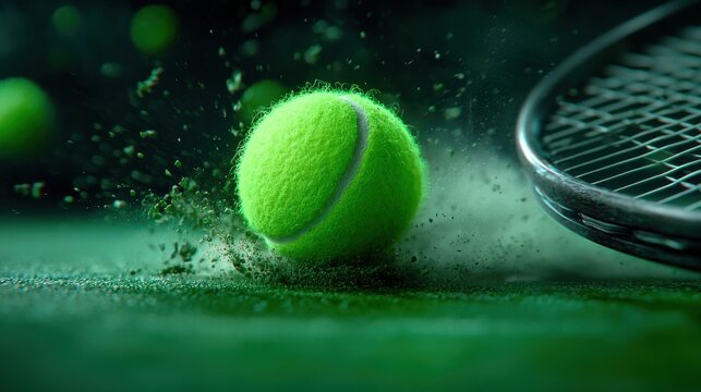 Dramatic mid air collision of a tennis ball and racket captured in an action packed sports photography shot