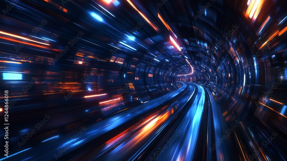 Poster an impressive view of a high-speed train passing through a tunnel, with lights reflecting off its sl