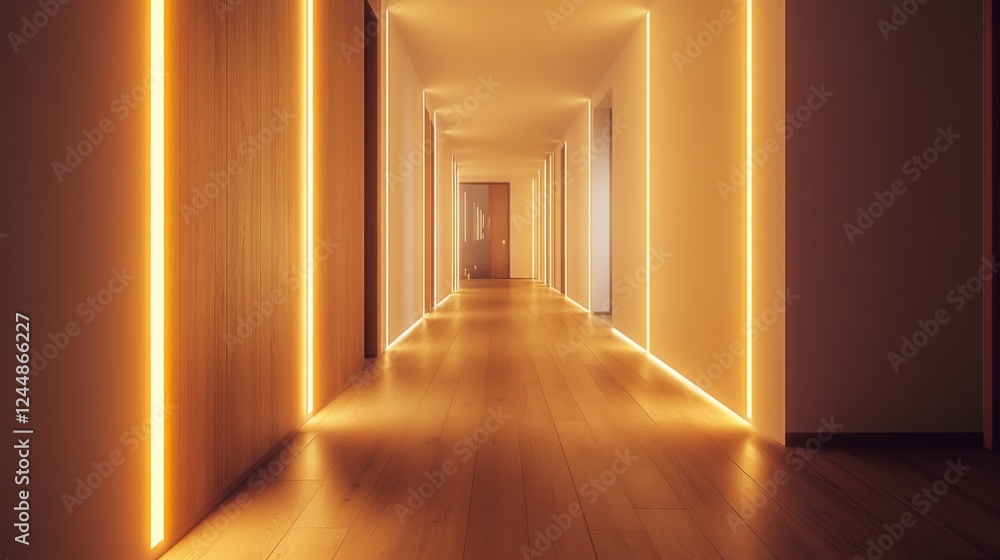 Poster an inviting minimalist hallway with wooden flooring, soft lighting, and a few decorative elements th