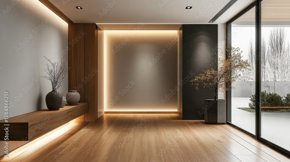 Poster an inviting minimalist hallway with wooden flooring, soft lighting, and a few decorative elements th