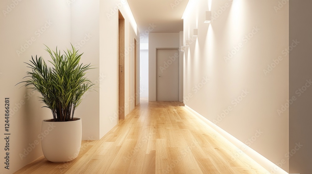 Poster an inviting minimalist hallway with wooden flooring, soft lighting, and a few decorative elements th