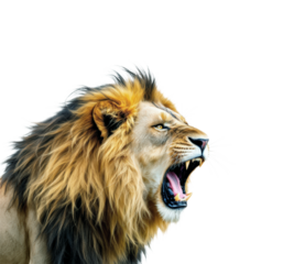 Majestic Male African Lion Head With Open Mouth Roaring And Golden Mane Side View Isolated On Transparent And White Background