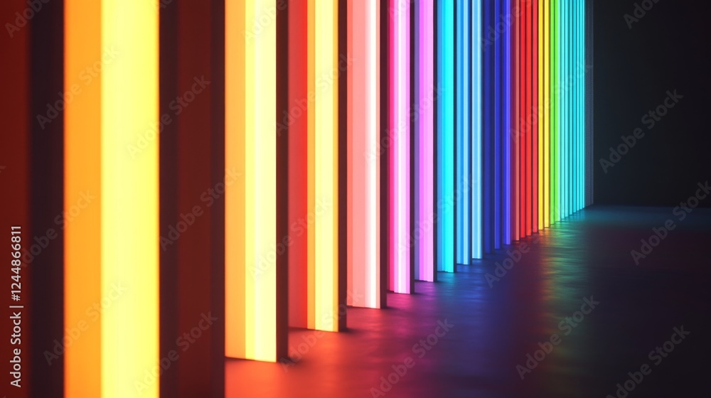 Fototapete Array of rainbow-colored D bars in a row, gradually increasing in height, with smooth shadows and reflections