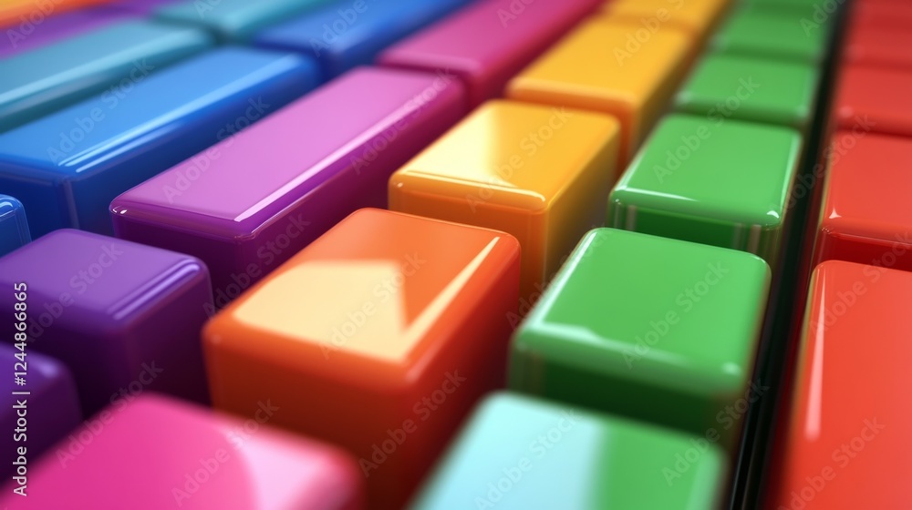 Poster array of rainbow-colored d bars in a row, gradually increasing in height, with smooth shadows and re