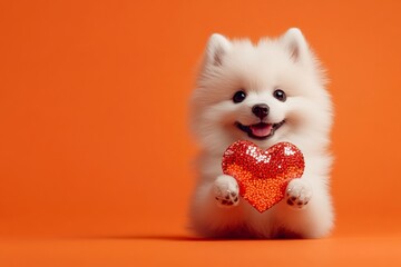 American eskimo dog - my desired dog. Cute american eskimo dog pup with sparkling rhinestones red heart - emblem of love, funny greeting card. Promotion conceptual art. Valentine's animals.