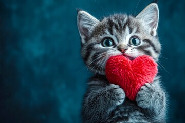 Commercial concept art creative artwork. Exotic shorthair - my preferred cat. Cute exotic shorthair baby feline with fluffy red heart - sign of love, funny greeting card. Kitten love concept.