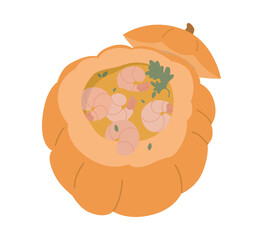 Traditional brazilian dish called bobo de camarão na moranga vector. Shrimp inside the pumpkin dish illustration. 