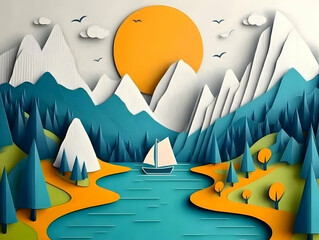 Fototapeta premium Paper Cutout Landscape with Sailboat, Mountains, Forest, Lake and Sun. Colorful Illustration.