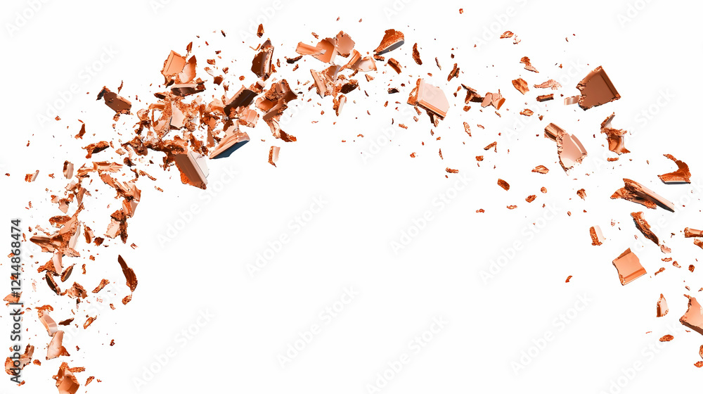 Poster shattered pieces of material scatter dramatically across a clean white backdrop, creating an abstrac