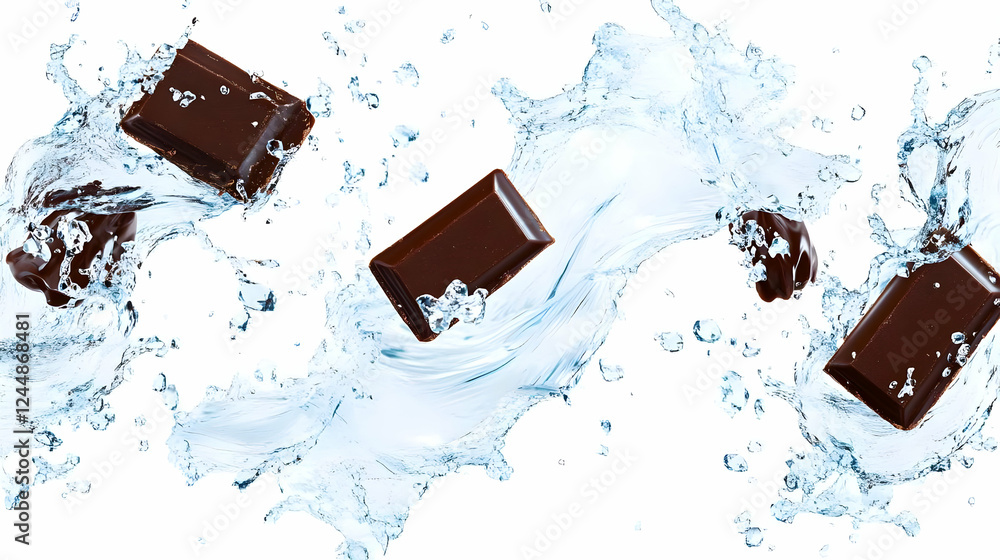 Poster chocolate bars splashing into refreshing water dynamically on white background