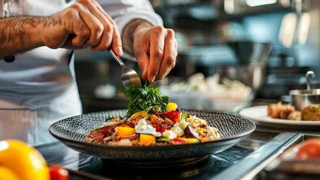 Chef perfecting culinary presentation with fresh herbs and vibrant ingredients in kitchen