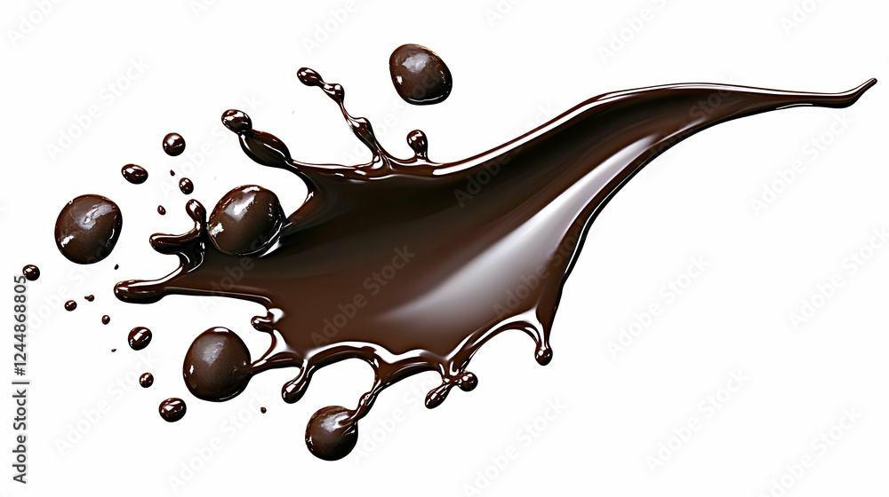 Poster a splash of dark chocolate forms a dynamic arc with glossy droplets
