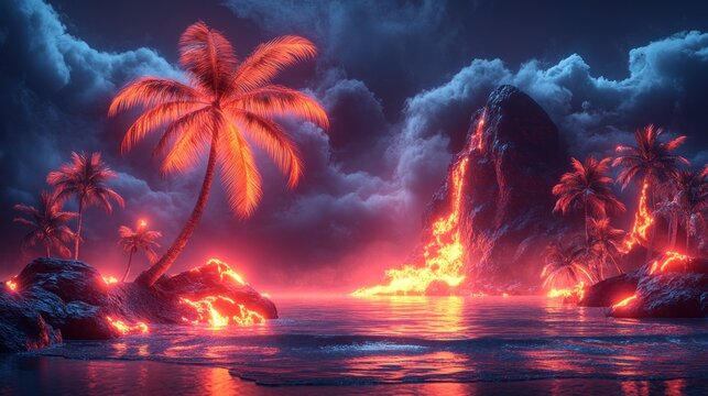 Volcanic beach, lava flows, night, palm trees, fantasy - Powered by Adobe