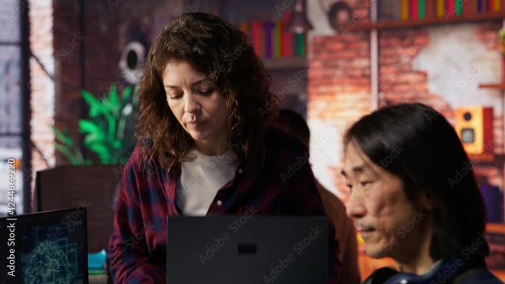 Poster it engineers cooperating in ai focused startup, debugging applications, crosschecking between pc and