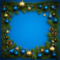 Christmas Frame Decorated with Fir Branches, Ornaments, and Pine Cones on Blue Background.