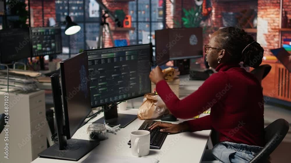 Poster it employee using programming languages on pc in ai startup office to build applications, enjoying s
