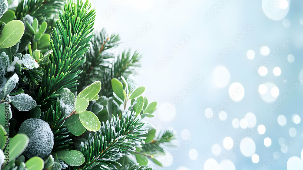Poster close-up of snow-dusted evergreen branches creates a festive winter scene with a soft bokeh backgrou