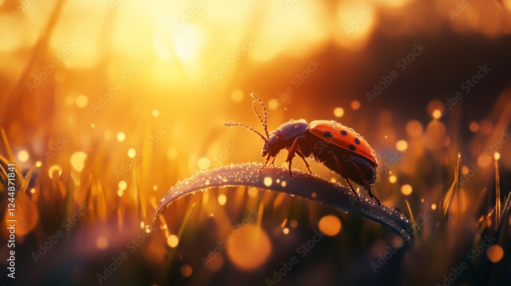 Poster a captivating image of a beetle climbing on a dewy leaf at dawn, with soft sunlight illuminating the