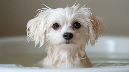 Wet dog bath, home, bubbles, portrait