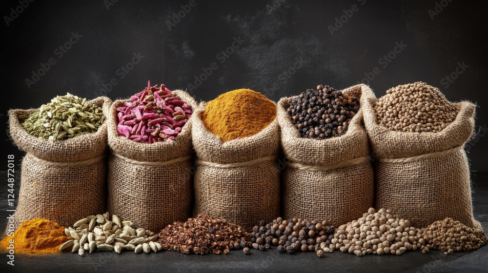 Poster a captivating image of a spice market with vibrant spices in burlap sacks, emphasizing the key ingre