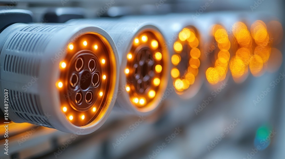 Aufkleber close-up of illuminated circular devices in a modern technological setting, showcasing intricate des