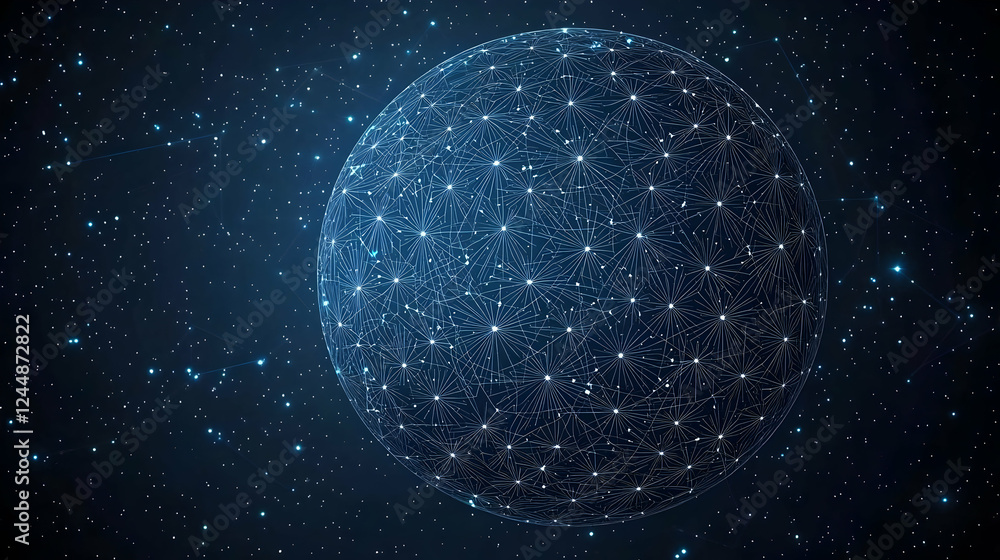 Poster abstract sphere with interconnected nodes floats in starry space background