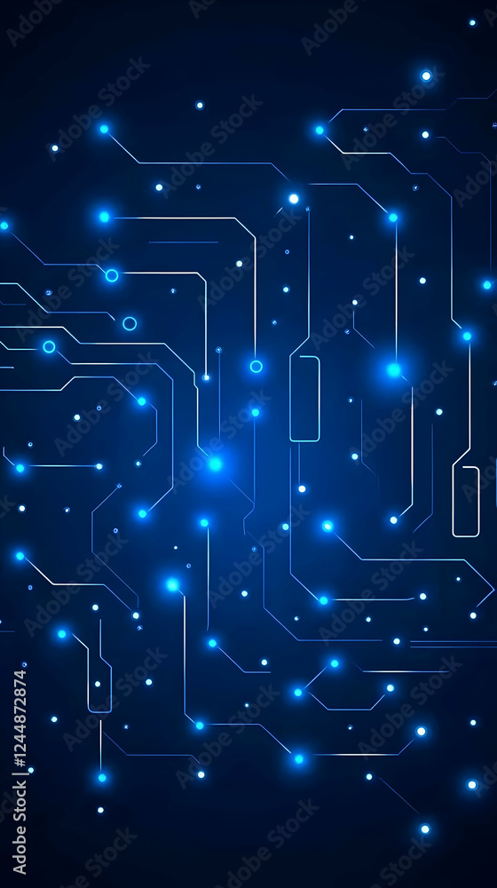 Poster abstract circuit board background with glowing blue lines and nodes.