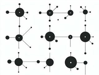 Nine Abstract Designs with Circles and Lines on a White Background