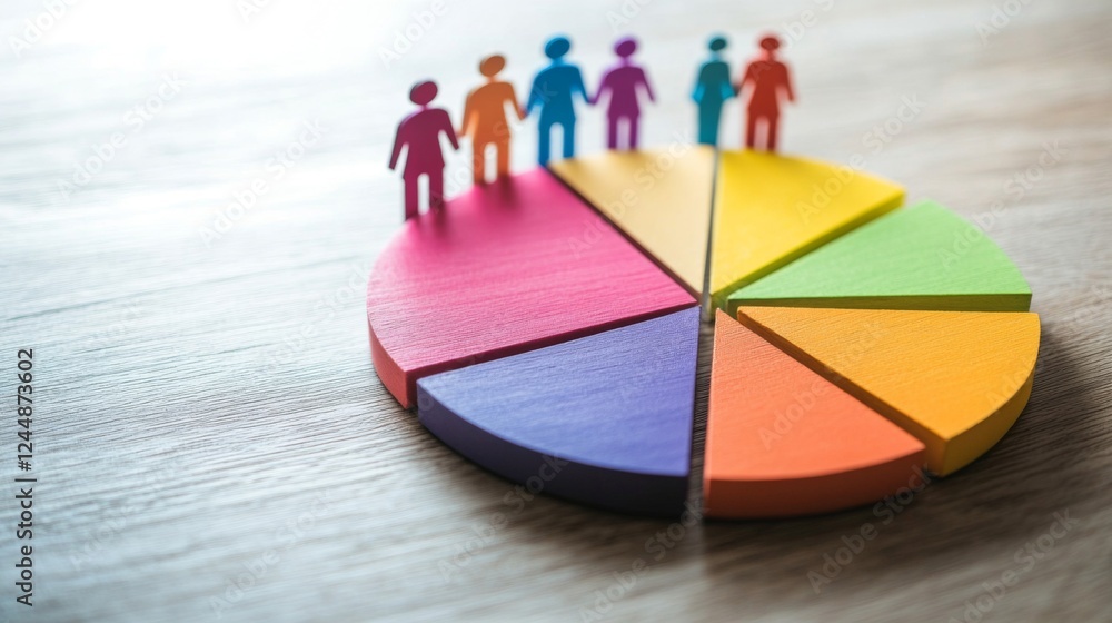 Aufkleber A close-up of a financial pie chart displaying customer demographics, with distinct colors for age groups and gender, arranged on a light wooden background for contrast.
