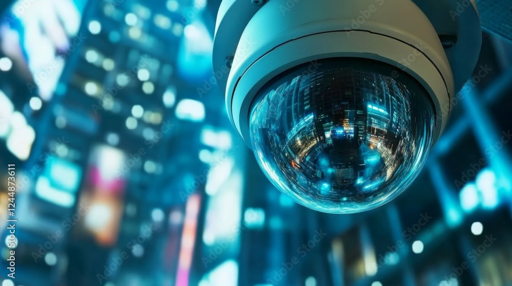 Poster a close-up of a cctv camera's lens, with reflections of the surrounding area captured in the glass, 