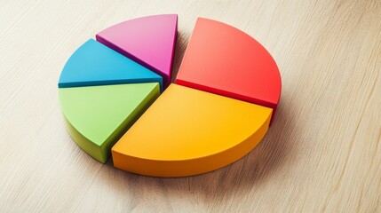 Obraz premium A close-up of a financial pie chart displaying customer demographics, with distinct colors for age groups and gender, arranged on a light wooden background for contrast.