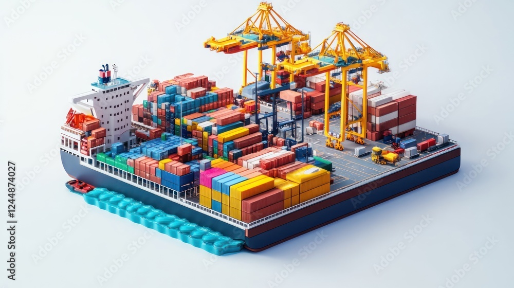 Poster isometric illustration of a container ship at a port with cranes and colorful containers.