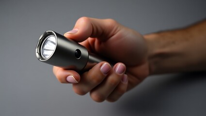 Hand holding a modern flashlight, symbolizes guidance - suitable for product advertising or promotional material about safety