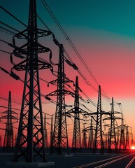 High-voltage power transmission towers and electrical grid infrastructure silhouetted against a vibrant sunset. Energy distribution, electricity supply, power lines, and industrial network concept.

