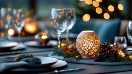 Elegant paper cut New Year s Eve gala table setting with a glowing centerpiece pine cones berries and a cozy luxurious atmosphere for a special