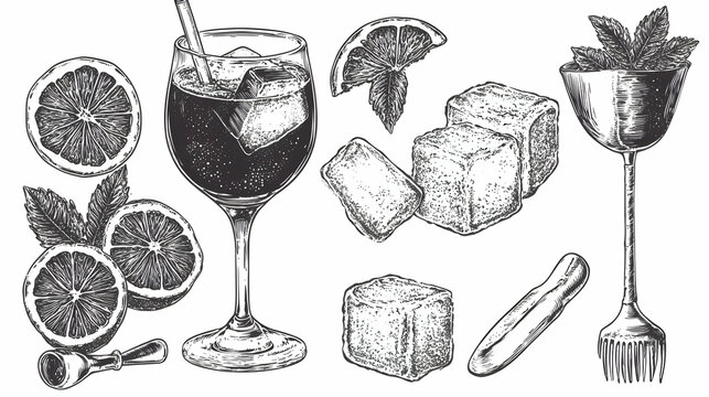 Vintage Cocktail Illustration: Glass, Ice, Citrus, Mint, and Bar Tools